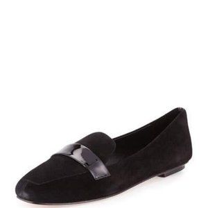 Delman Black Suede Flats Patent Leather Strip New
